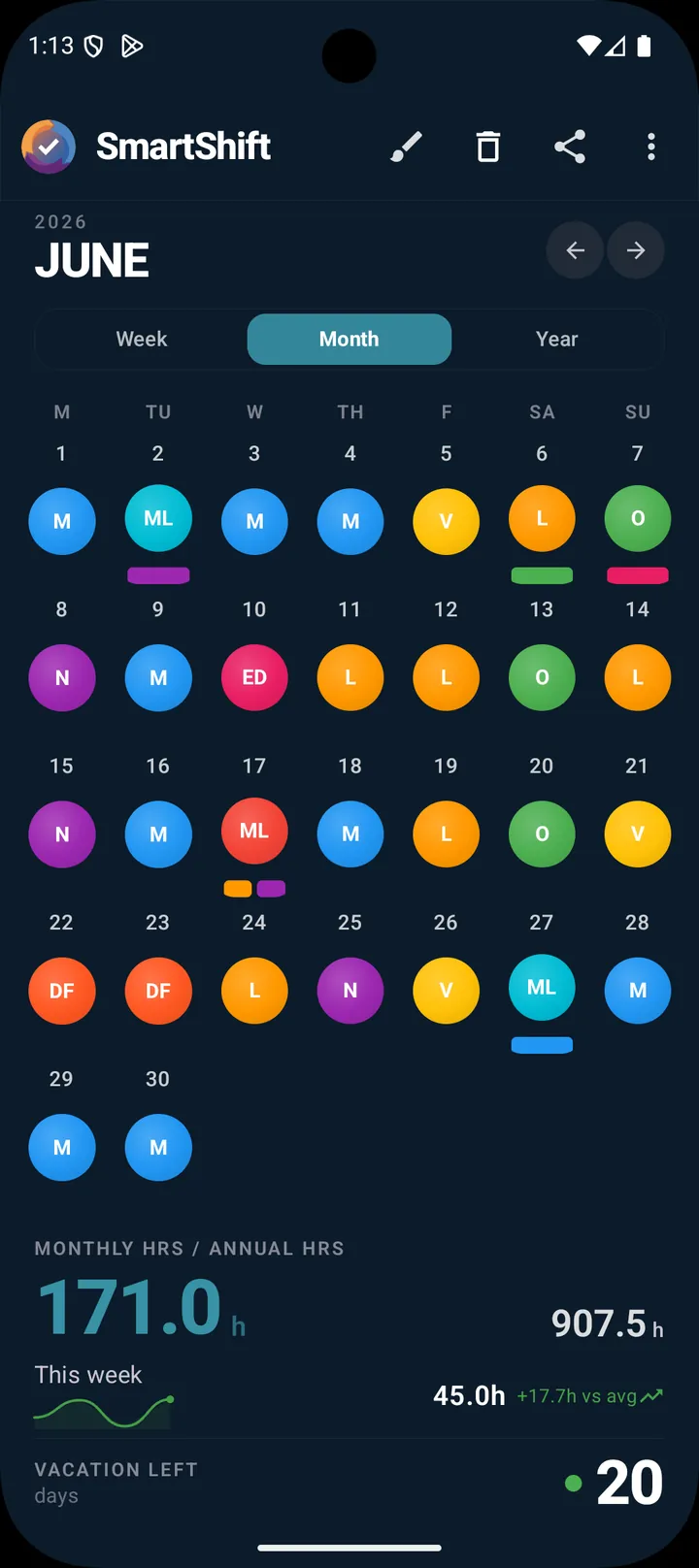 SmartShift monthly calendar